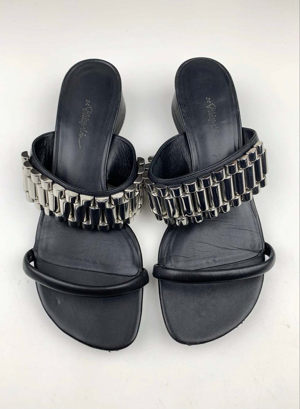 3.1 Phillip Lim Drum Watch Strap Sandals Black Leather Slides Women's 37 US 7